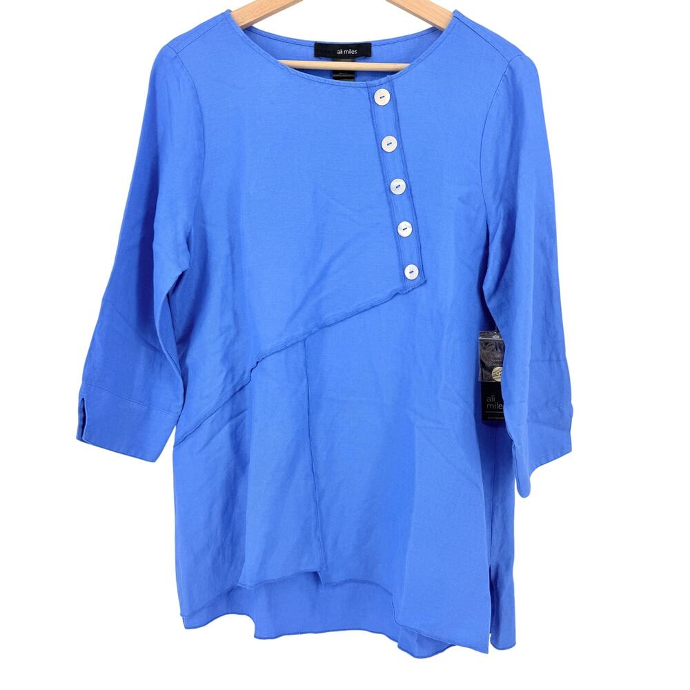 Ali Miles Medium Blue Linen Rayon Tunic Top 3/4 Sleeve Asym Button NWT